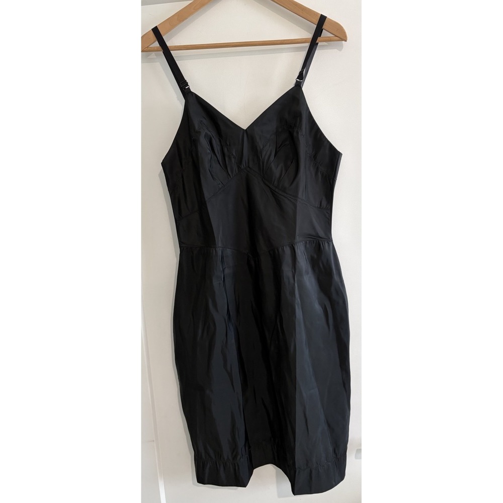 Vtg 50s Black Taffeta Slip Dress Scalloped Bust Wiggle Pinup Mad Men LBD Sz 10